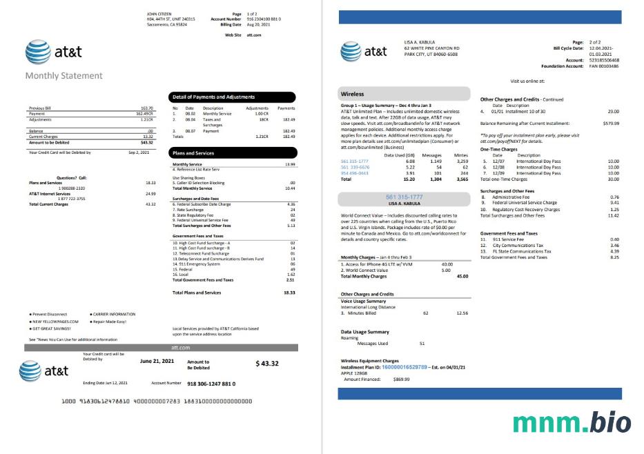 USA Texas AT & T Telekomunikacja rachunek za media szablon w formacie Word i PDF (2 strony)